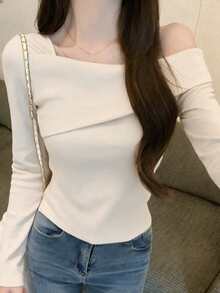 Women's Long Sleeve T-Shirt, Autumn/Winter, Off-Shoulder Neckline, Backless Design, Niche Style, Top - Apricot - View 4