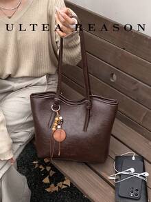 1pc Solid Color PU Leather New Women's Backpack, Shoulder Bag, Tote Bag, Fashion Square Handbag, Zipper Closure, Large Capacity, Suitable For Commuting, Shopping, Dating, Work - Coffee - View 7