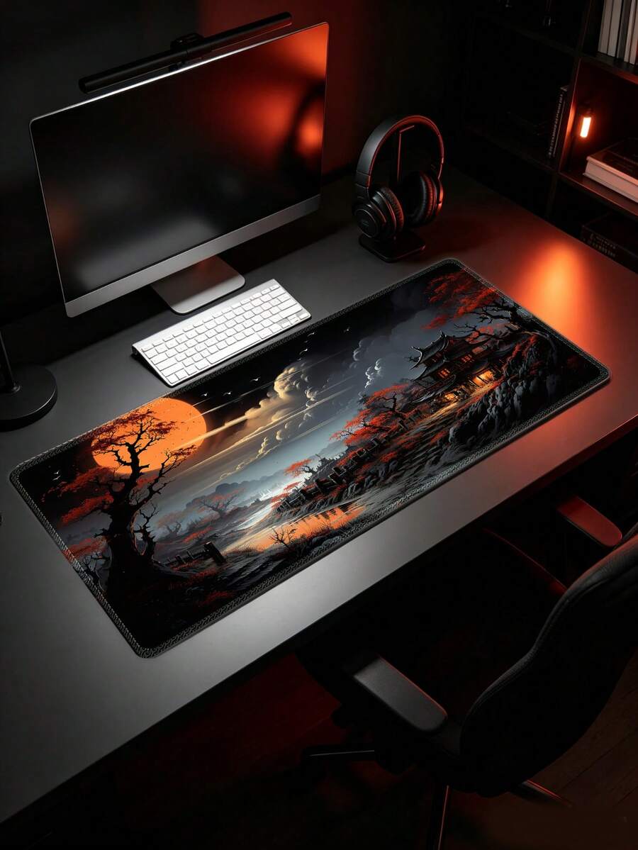 Japanese Temple Red Maple Moon Night Gaming Mouse Pad, Large Extended Desk Mat With Anti-Slip Rubber Base & Locking Edge, Halloween Decorations And Gifts - View 1