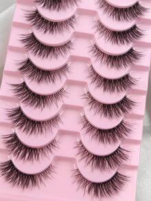 Hinarin 10 Pairs Clear Band False Eyelashes Natural Lashes Wispy Strip Lashes 3D Layered Effect Soft And Fluffy Cross-Over Makeup Effect Natural And Refined Lengthening The Outer Corner Of The Eye Suitable For Various Makeup Effects - Black - View 6