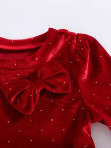 Girls' Christmas Plush Solid Color Round Neck Long Sleeve Dress, Autumn/Winter - Red - View 6