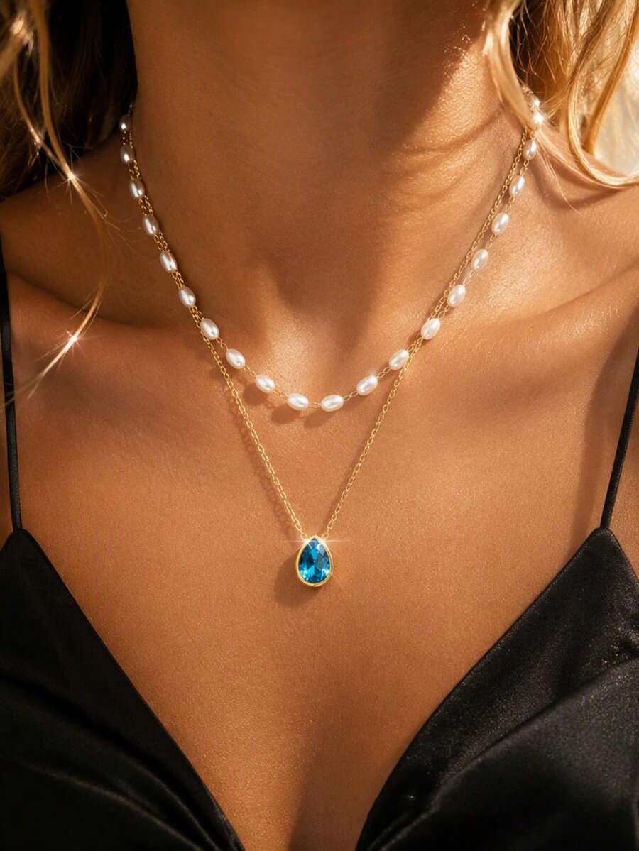 VceTd 2PCS Set Kalung Stainless Steel Romantis dan Elegan dengan Rantai Manik-Manik Putih dan Liontin Tetesan Air Mata Biru, Cocok untuk Pemakaian Sehari-hari Wanita, Kencan, atau Hadiah Liburan - Yellow Gold - View 1