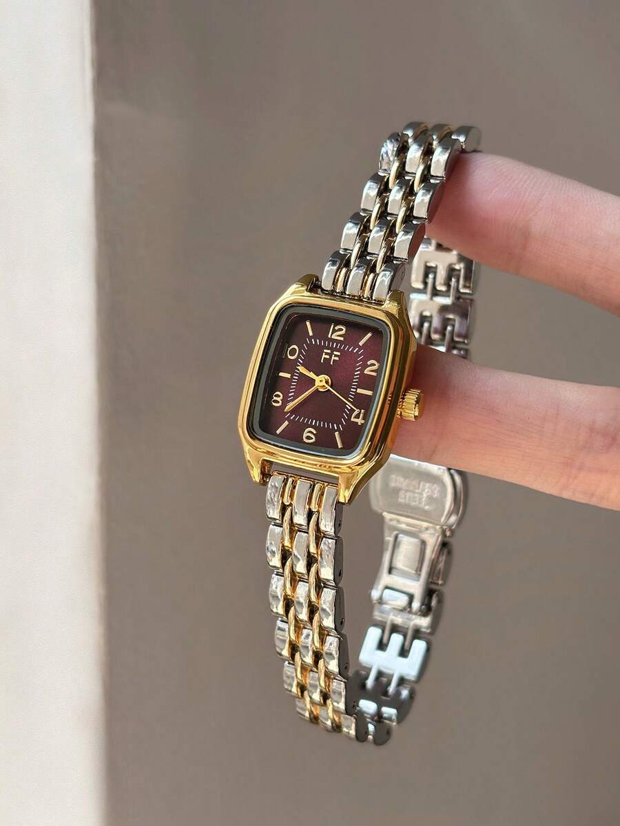 1件女款方形石英手錶,金銀雙色錶帶,深紅色錶盤,混色時標,適合日常辦公穿搭 - 銀間金 - 查看 1