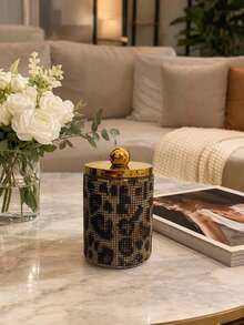 Luxury Leopard Print Acrylic Bathroom Storage Canister, Gold Lid Transparent Storage Box With Bamboo Base, Vanity Organizer - Multicolor - View 4