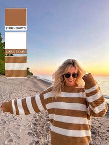 Sweater Pullover Kasual Wanita Bergaris Leher Bulat Bahu Longgar Lengan Panjang, Pullover Rajut Musim Gugur/Dingin - MultiWarna - View 2