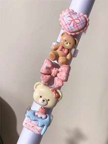 1/5pcs Heart Bear Bow Resin Rings, Pink & Chocolate Color Block Design, Suitable For Women, Holiday Gift, Daily Wear, Valentine's Day Friend Gift - Multicolor - View 6