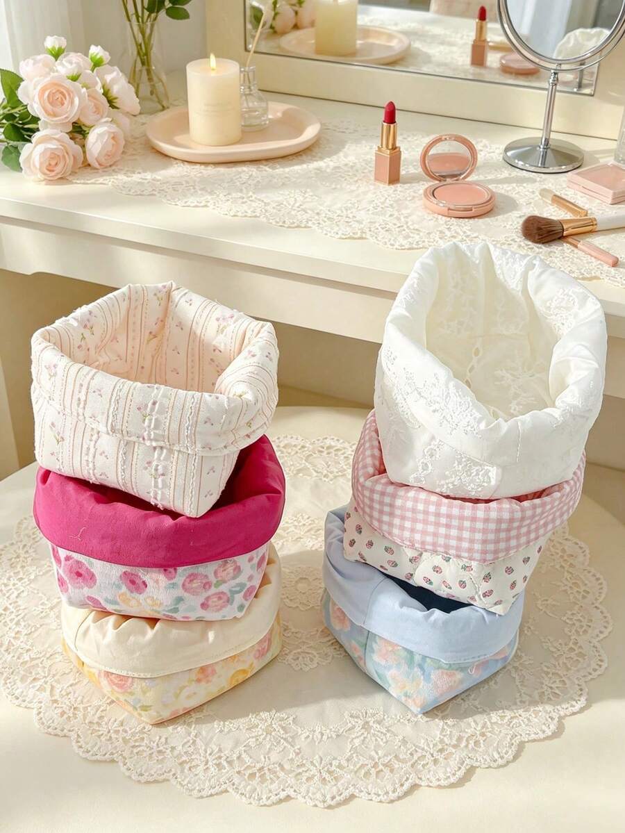 Reversible Floral Fabric Storage Basket For Women, Foldable Open Top Makeup Organizer Bin, Portable Soft Cloth Desktop Storage Holder For Small Items - Multicolor - View 1