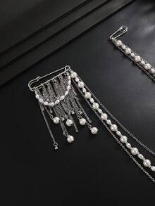 1pc Creative Minimalist Metal Tassel Brooch, Multi-Layer Faux Pearl Beaded Chain, For Suit, Pants Decoration, Versatile Brooch Personalized Jewelry - Silver - View 5