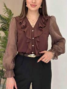Blus Lengan Panjang Berkerut Elegan Gaya Prancis, Potongan Longgar, Atasan Serbaguna dan Elegan untuk Musim Gugur - Coffee Brown - View 2