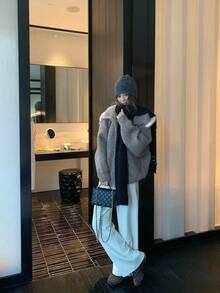 Jaket Kardigan Rajut Berkerudung Bulu Warna Abu-abu untuk Wanita, Potongan Longgar, Melangsingkan, Lembut dan Nyaman, Musim Gugur - Grey - View 7