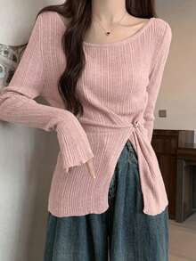 Daily Design 小眾極簡性感單肩針織上衣，收腰開衩辣妹性感女款上衣 - 藕粉色 - 查看 5