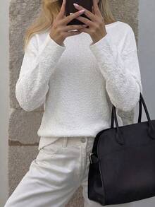 Live To Mo Women's White Round Neck Long Sleeve Pullover Sweater, Casual And Versatile, Chic For Fall Back To School Season, Daily Street Wear - White - View 1
