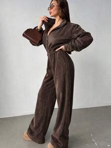 Comfortable Women's Long Sleeve Flannel Jumpsuit With Collar And Zipper, Fashionable Winter Essential - Coffee Brown - View 4