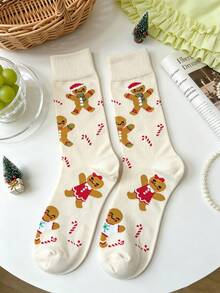 1/2 Pairs New Autumn/Winter Christmas Cute Gingerbread Man Candy Cane All-Over Print Mid-Calf Socks, Holiday Atmosphere Socks, Eye-Catching Socks For Daily Wear - Multicolor - View 9