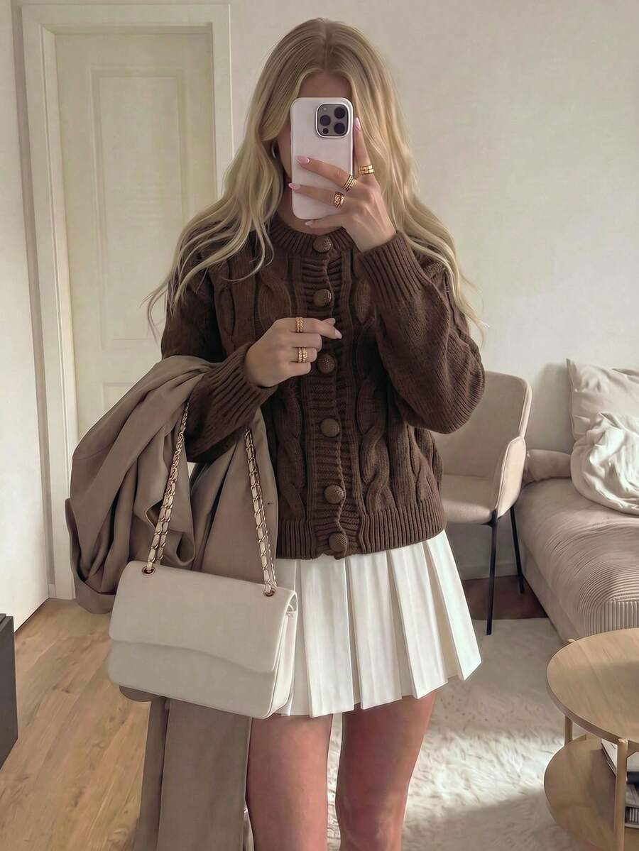 Women's New Autumn/Winter Elegant Round Neck Cable Knit Cardigan, Commuter Office Business Style
