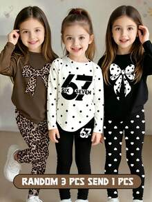 Random 6pcs/Set Girls Casual Fashion Digital, Polka Dot, Heart, Leopard Print Long Sleeve And Leggings Set, School, Back To School Comfortable Daily Wear - Multicolor - View 1