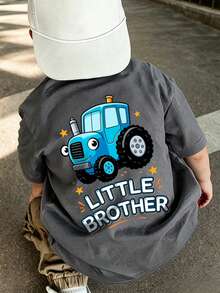 Baby Boy Playful Daily Wear T-Shirt, Loose Fit Short Sleeve Casual Top - Dark Grey - View 2