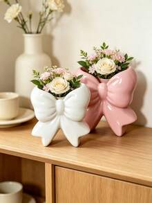1pc Pink Bow Vase, Cute Glossy Bow Vase, Modern Decorative Vanity And Tabletop Centerpiece, Creative Gift For Her, Aesthetic Room Decor, Vanity Centerpiece, Gift For Her, Modern Home Decor - Multicolor - View 4