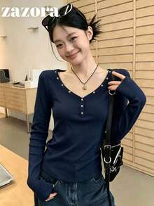 鉚釘黑色V領長袖女款性感修身打底上衣，可當外套穿著 - 藏青色 - 查看 9