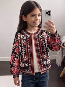 Tween Girl Floral Print Casual Daily Long Sleeve Jacket - Multicolor - View 7