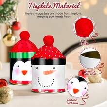 2pcs Christmas Storage Jars, Metal Decorated Penguin & Snowman Cute Red Top Fluffy Lid, Gift Storage Box - Multicolor - View 10