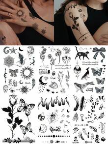 6PCS Black Butterfly Rose Floral Cat Diamond Pattern Party Gift Holiday Gift Music Festival Temporary Body Skin Waterproof Tattoo Stickers For Arm Shoulder Neck Collarbone - Black - View 1