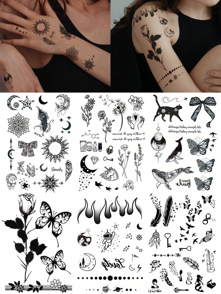 6PCS Black Butterfly Rose Floral Cat Diamond Pattern Party Gift Holiday Gift Music Festival Temporary Body Skin Waterproof Tattoo Stickers For Arm Shoulder Neck Collarbone - Black - View 1