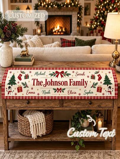 Personalized Christmas Table Runner, Customized Family Name Linen Table Runner, Christmas Dinner Decor, Family Holiday Table Decor