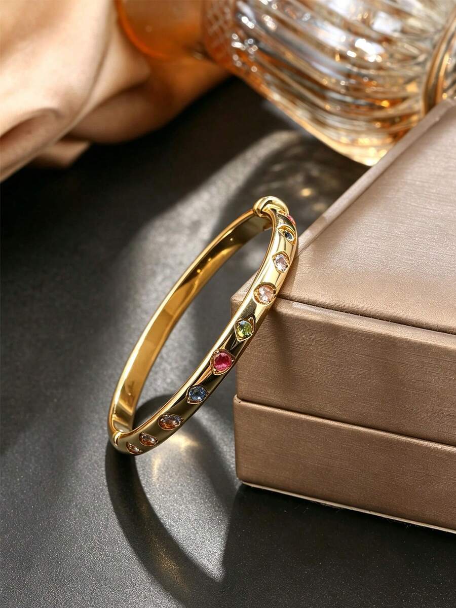1pc Gold Colorful Zirconia Hinged Bangle Stackable Luxury Bracelet Autumn Winter Outdoor Accessory Jewelry For Banquet,Party,Daily Commute - Gold - View 1