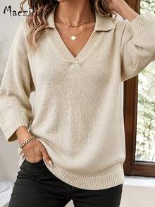 Plus Size Women Fall Winter Lapel V-Neck 3/4 Sleeve Pullover Sweater, Elegant Loose Knit Top For Commute & Datee - Beige - View 6