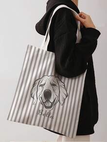 1Pc Custom Pet Photo Multi-Stripe Canvas Reusable Tote Bag, Large Lightweight Stylish Carryall For School Party Daily Shopping,Perfect Gift - Multicolor - View 4