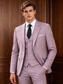 Men's Slim Fit Single-Breasted 3 PiecesSuit Set, Formal Business Wedding Suit, Blazer, Vest And Trousers, Suitable For Wedding Party And Office - Dusty Purple - View 9