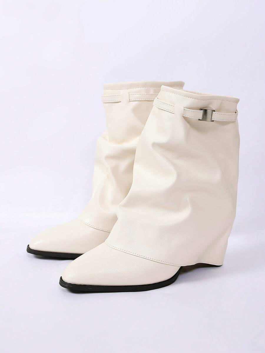 Women's Beige Pointed Toe Chunky Heel Slouchy Ankle Boots, Spring/Autumn Fashion Boots With Slimming Effect - Beige - View 1