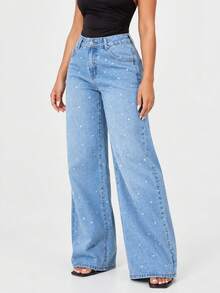 Low Waist Wide Leg Casual Blue Slanted Pocket Curved Women'S Jeans Heat-Transfer Rhinestones - Baby Blue - View 5