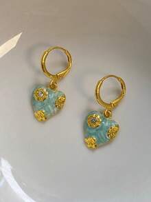 1 Pair Fashion Minimalist Glass Oil Drop Heart-Shaped Earrings, Suitable For Women's Casual And Party Wear - Yellow Gold - View 5
