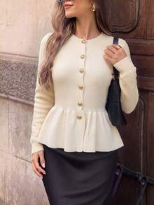 2026SS New French Style Cinched Waist Mermaid Hem Knit Cardigan, Slim Fit Textured Round Neck Single-Breasted Short Sweater - Apricot - View 3
