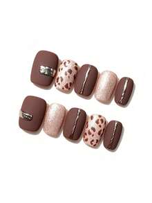 10Pcs Short Square Full Cover Press On Nails, Matte Coffee Brown Fake Nails, Pink Leopard Print, Silver Metallic Foil Line & Pink Shimmer Glitter Accent, Autumn Winter Meadard Style Reusable False Nails For Daily & Party, - Multicolor - View 2