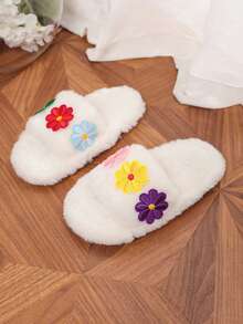 Floral Embroidered Plush Slippers, New Autumn/Winter Style, Thick Sole, Anti-Slip, Soft, Warm Indoor Slides - White - View 5