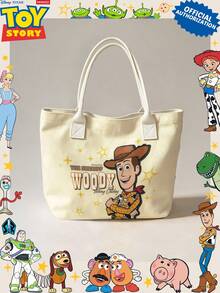 Miniso Disney Toy Story Sheriff Woody Canvas Tote Bag, Beige With Handle, Shoulder Bag, Daily Use - White - View 1