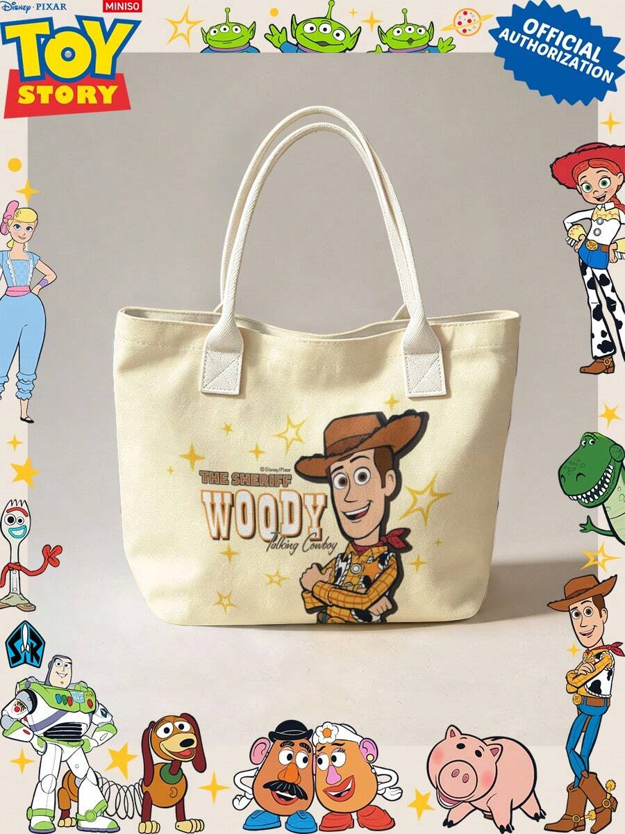Miniso Disney Toy Story Sheriff Woody Canvas Tote Bag, Beige With Handle, Shoulder Bag, Daily Use - White - View 1
