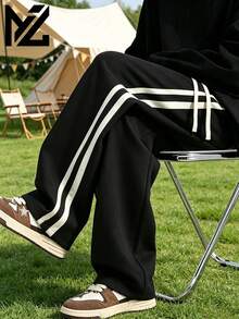 Men's Loose Fit Wide Leg Sweatpants With Drape Effect Floor Length Contrast Color Double White Webbing Elastic Waist Drawstring Casual Pants Outdoor Jogging Pants Spring Autumn All Season Essential Sports Pants Commute Versatile Long Pants Gift For Men - Black - View 9