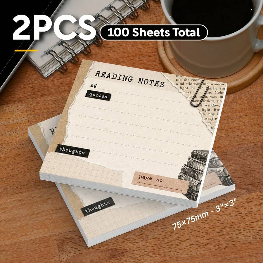 2 Paket/100 Lembar Catatan Bacaan, Gaya Kolase Buku Tua Klasik, Bagian Kutipan, Bagian Renungan, Dengan Kolom Nomor Halaman, Catatan Tempel, Hadiah untuk Pecinta Buku - 75x75mm - View 1