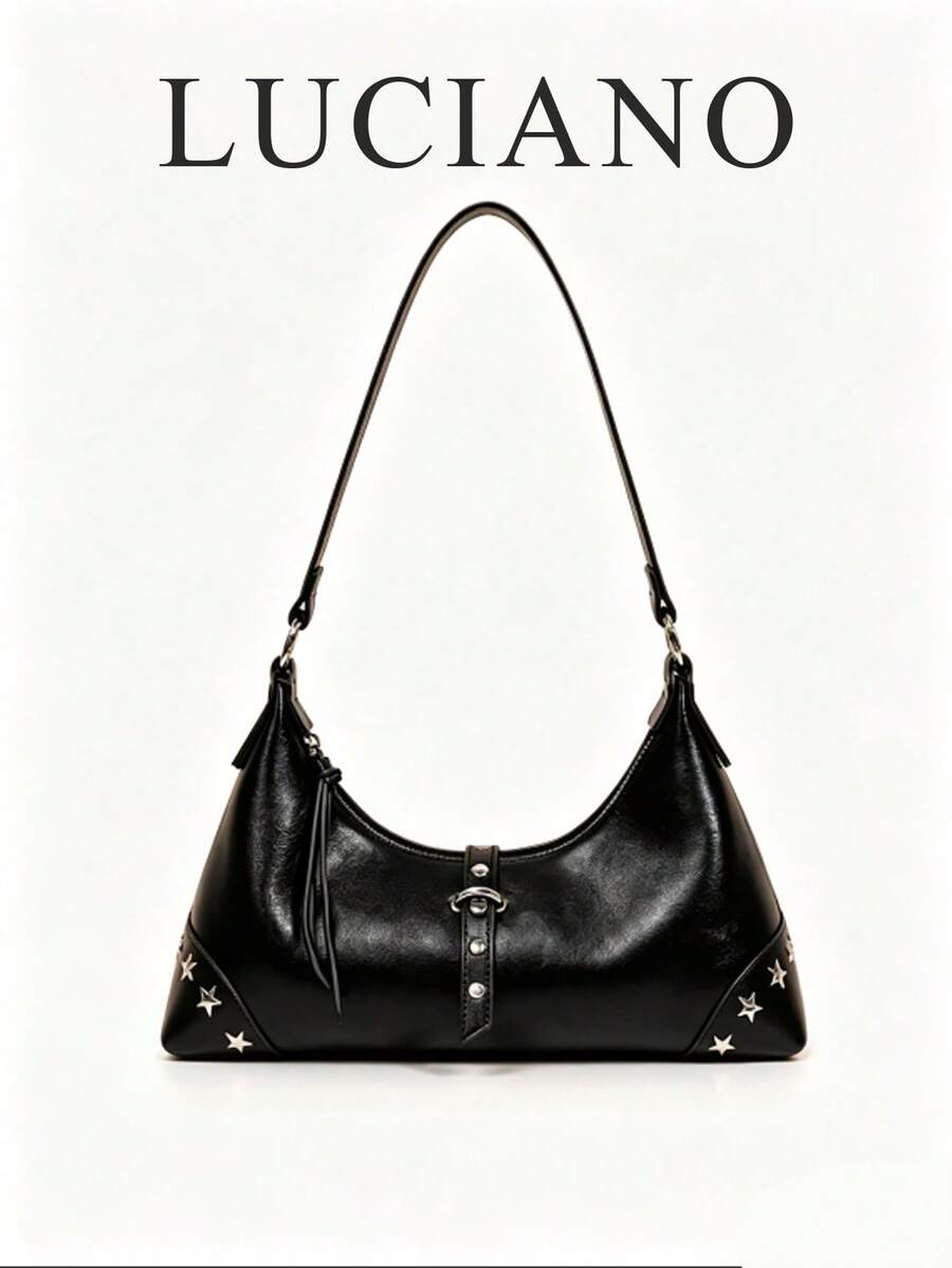 New Spring/Summer Motorcycle Bag Y2K Hot Girl Style Large Capacity Multi-Compartment Tote Bag Rivet Decor Shoulder Crossbody Underarm Bag Design-Driven - Black - View 1