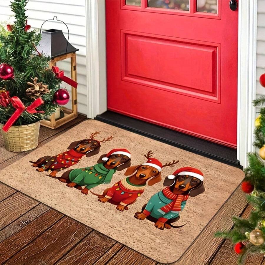 1pc Dachshund Christmas Door Mat With Christmas Hat And Sweater Pattern, Soft Polyester Fiber Indoor/Outdoor Carpet Kitchen Rugs, Machine Washable Pet Mat, Suitable For Entryway, Kitchen, Bathroom - Cute Dog Home Decor Gift For Pet Lovers - A - View 1