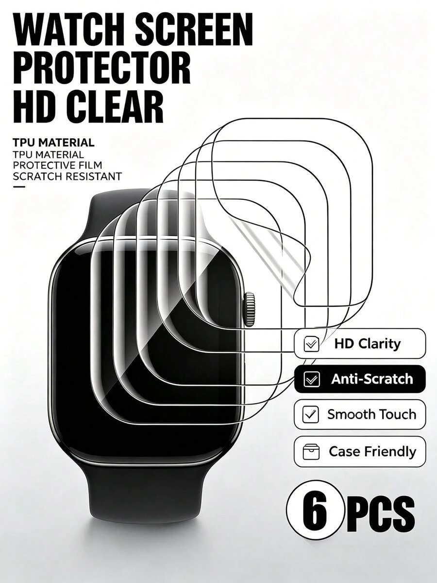 6pcs Transparent Hydrogel Screen Protector Film Anti-Scratch Soft Protective Film Compatible With 38/40/41/42/44/45/49/46mm Ultra/SE/8/7/6/5/4/3/2/1/11/10/12 Daily Essential Watch Accessory - Clear - View 1