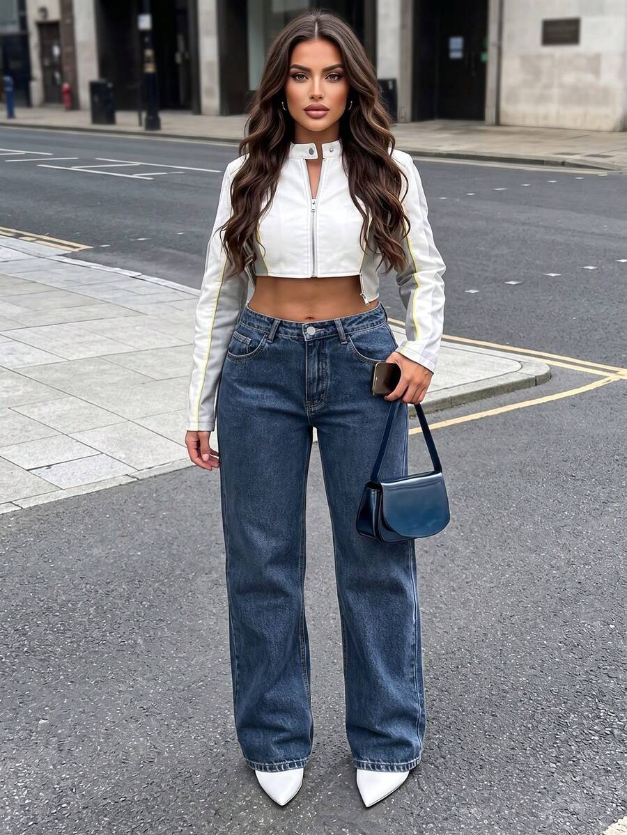 Casual All-Match Versatile Women's Straight Leg Jeans Fall - Dark Wash - View 1