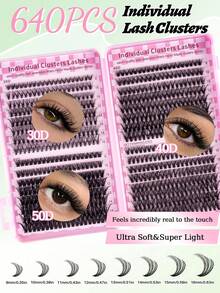 640pcs Mixed DIY Eyelash Extension Kit, Includes High Density Single Cluster Lashes, 9-16mm Mixed D Curl Effect, Lightweight Soft Comfortable, Includes Eyelash Glue, Tweezers And Eyelash Brush, Eyelash Cluster Set, False Eyelashes - Black - View 3