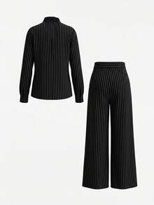 1pc Women's Fashion Elegant Casual Vertical Striped 2-Piece Set For Office And Daily Wear, Spring/Autumn - Black - View 6