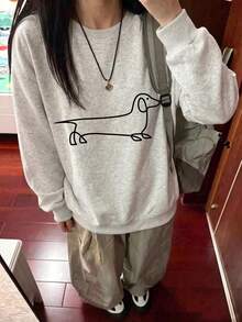 Women's Casual Crew Neck Sweatshirt, Decorated With Minimalist Black Line Dachshund Print, Simple And Versatile, Suitable For Daily Wear - Light Grey - View 7
