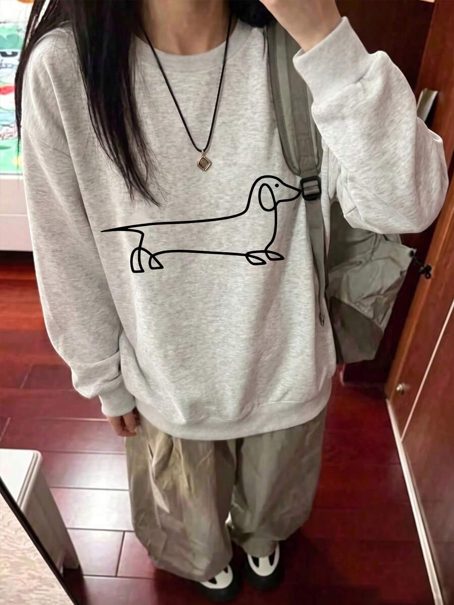 女款休閒圓領運動衫,飾有極簡黑色線條臘腸狗印花,簡約百搭,適合日常穿著 - 淺灰色 - 查看 1